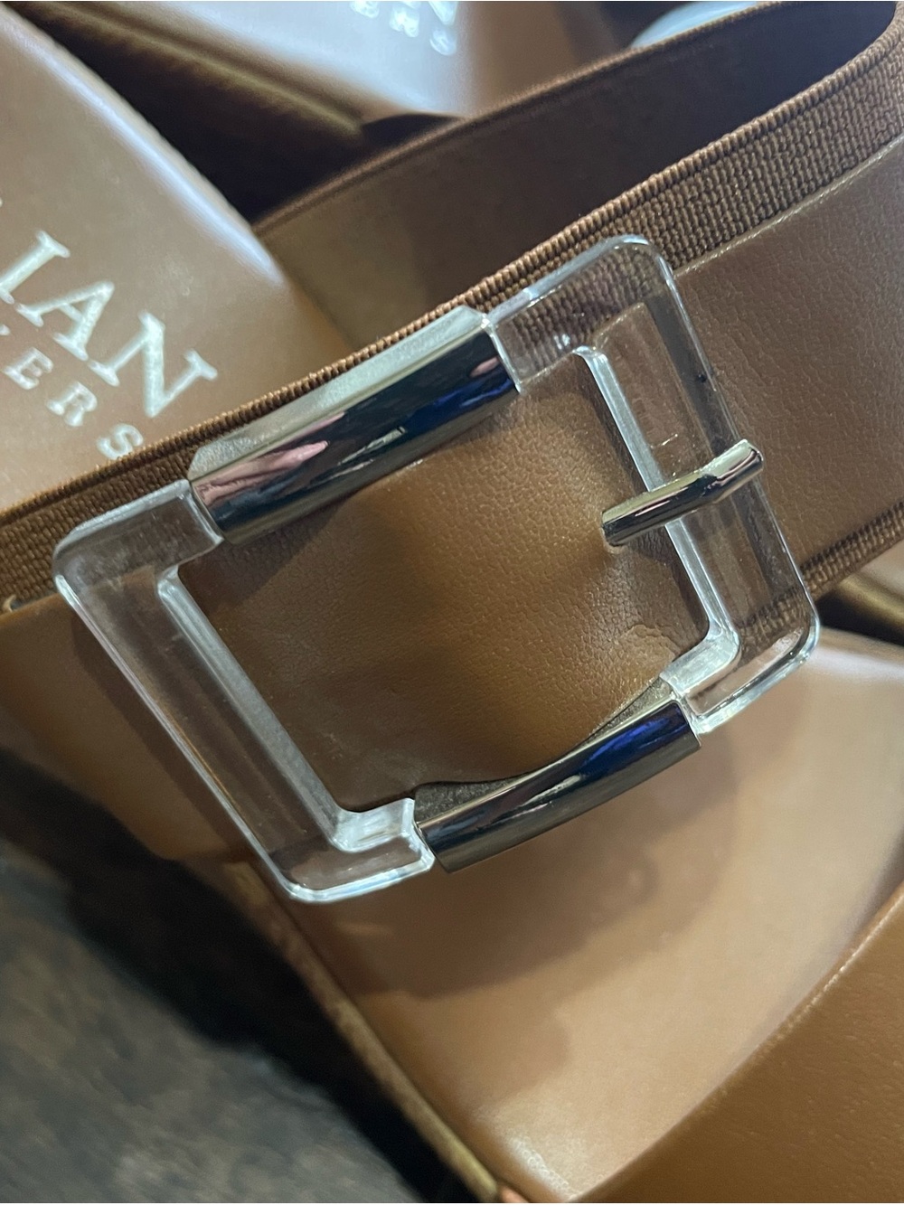 Italian Shoemakers Tan Leather Wedge Sandals with Clear Buckle - Picture 9 of 11